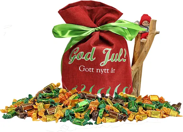 Julsäck Toffeemix fyra sorter 1000 gr Tomtedans Röd God Jul